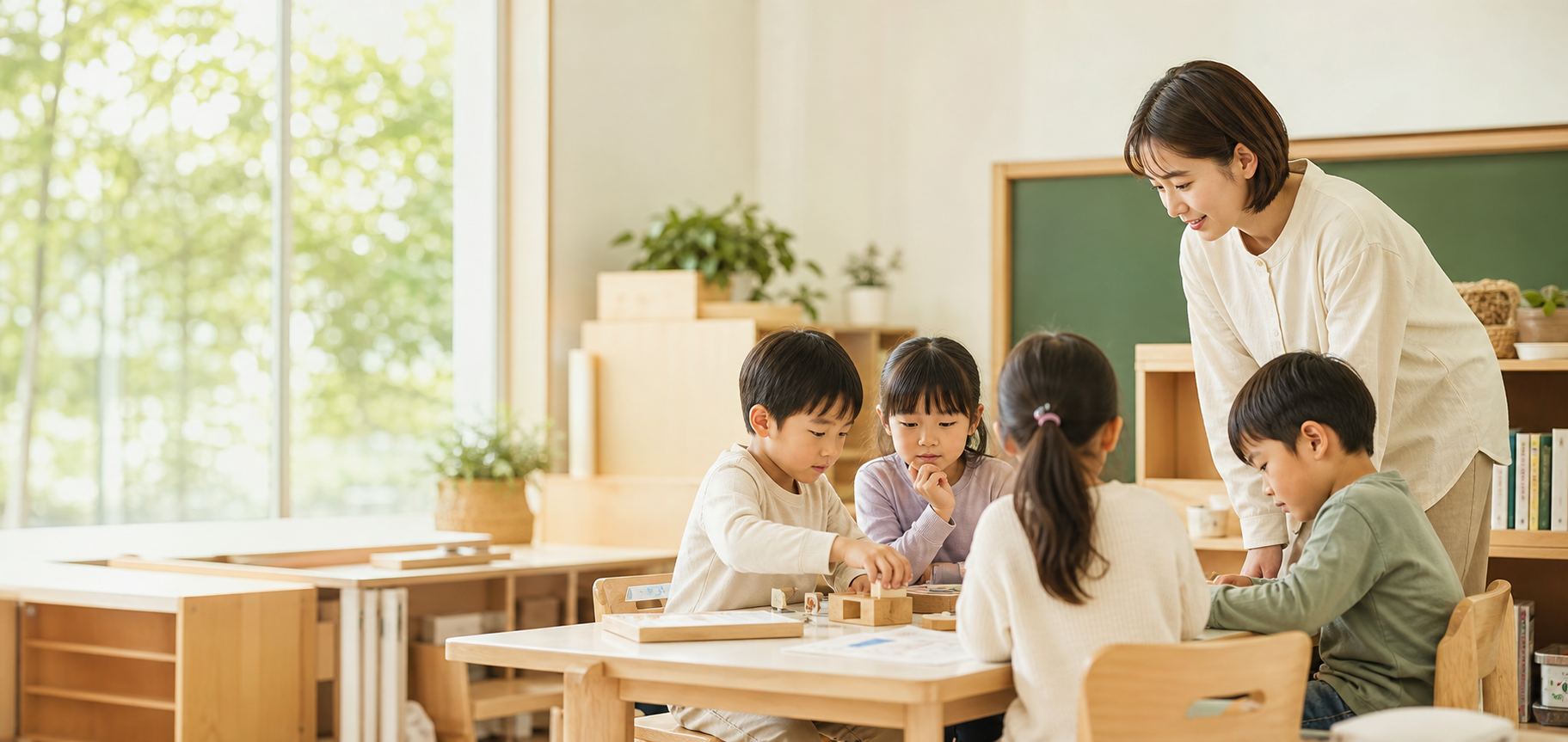 子どもたちの協働を見守る先生の明るい教室風景